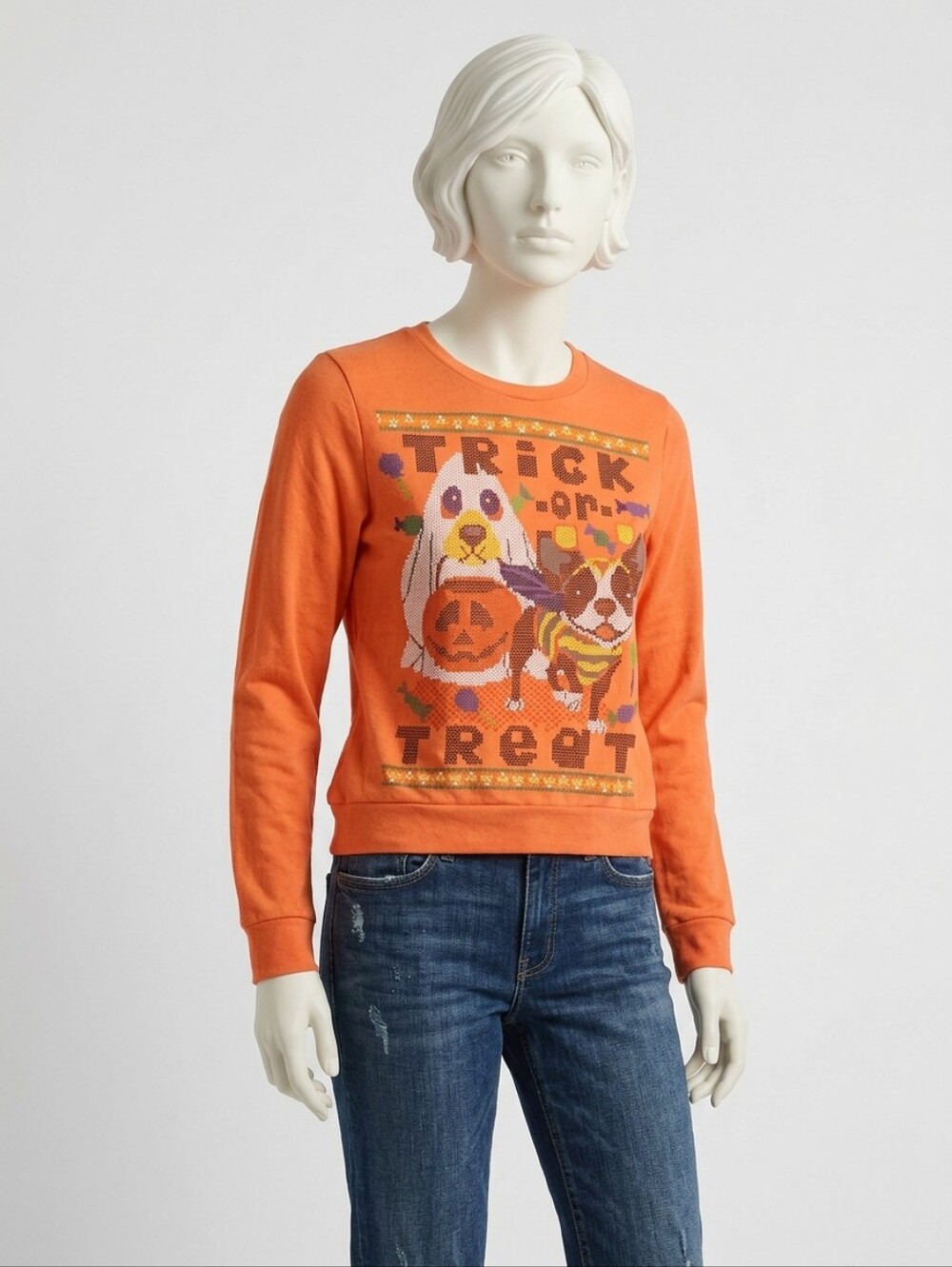 Halloween Dog Trick or Treat Orange Crewneck Sweatshirt Adult Size M - Picture 3 of 6